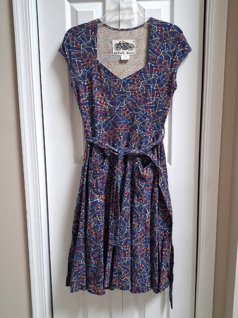 EFFIE'S HEART Hedy Blue Pins Cap Sleeve Dress w/Heart Pockets sz S
